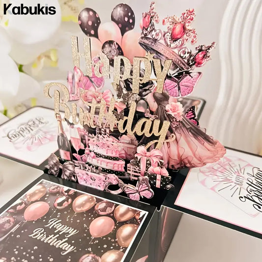 Black and Rose Gold 3D Pop-up Birthday Card Set-Elegant Surprise