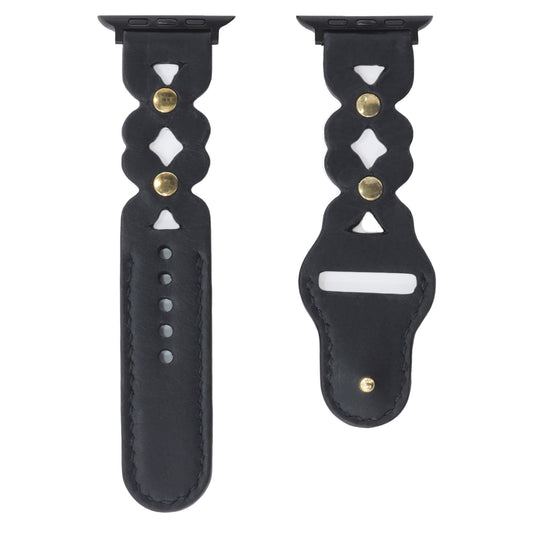 Petals and Studs Black Leather Watch Strap compatible with Apple Watch (42/44/45/49mm) - Handmade to order