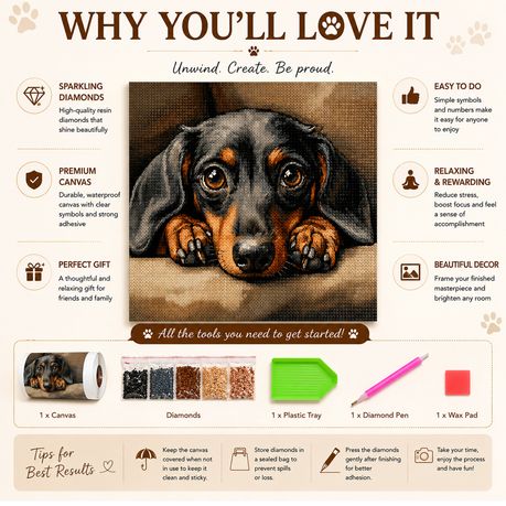 Kabukis Diamond Dot Painting Kit Soulful Dachshund Portrait 40x40cm - Cute