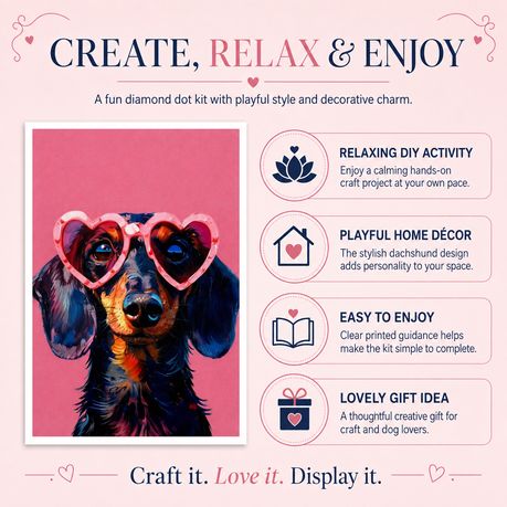 Kabukis 5D Diamond Dot Painting - Dachshund Dog Heart Glasses Kit 40x30cm
