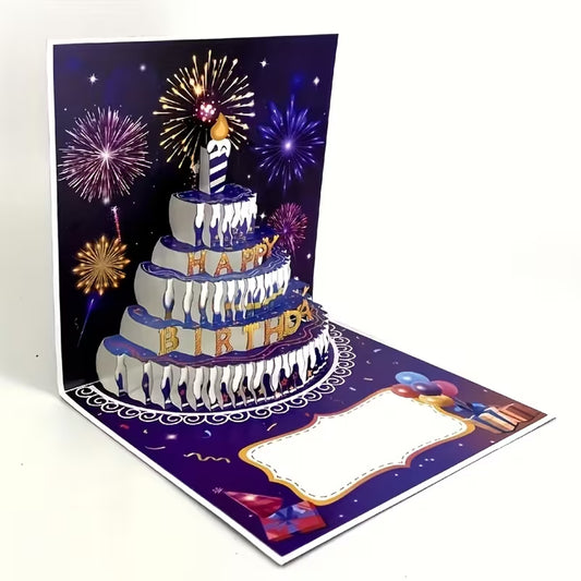 Kabukis 3D Pop-Up Happy Birthday Card – Stunning Cake & Fireworks Design