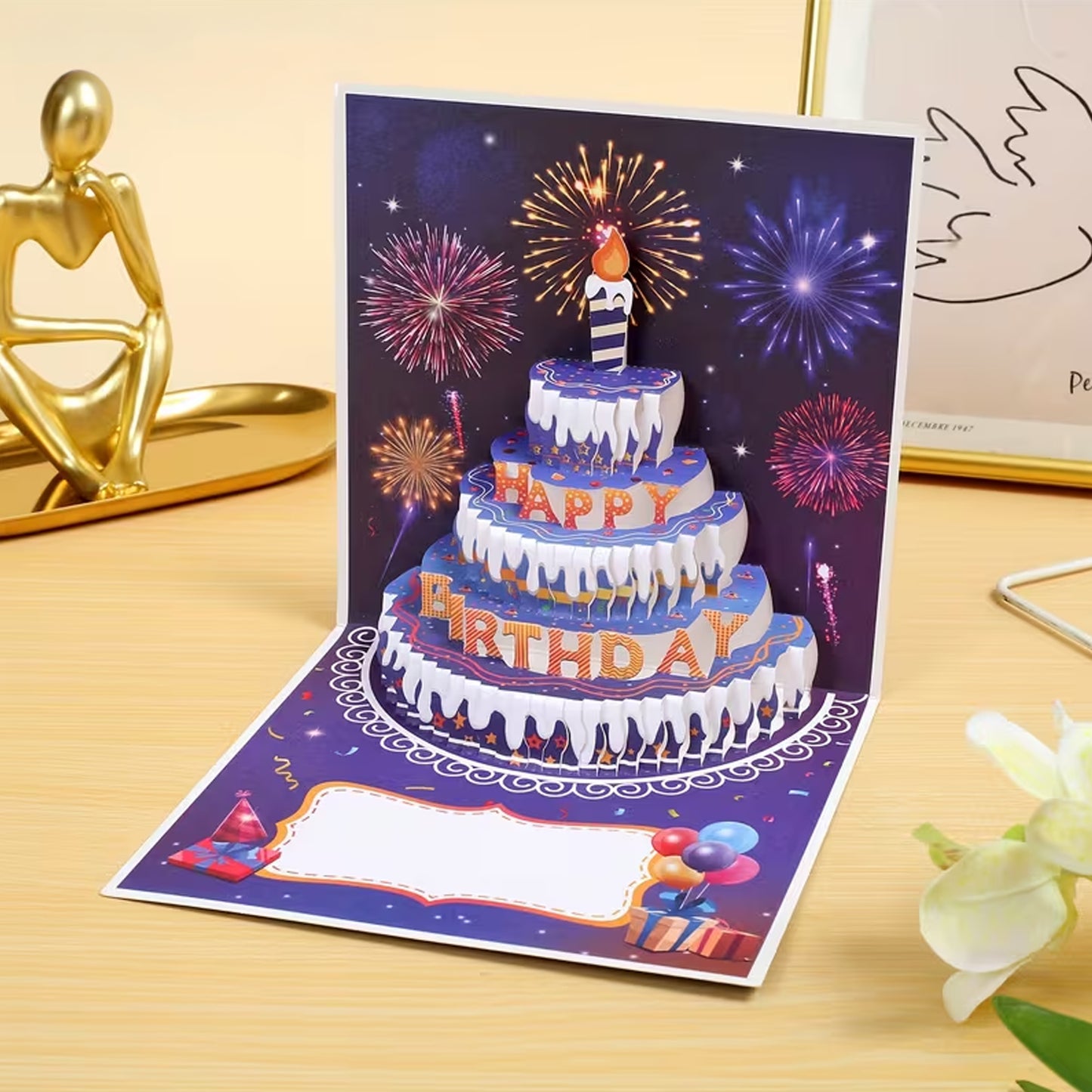 Kabukis 3D Pop-Up Happy Birthday Card – Stunning Cake & Fireworks Design