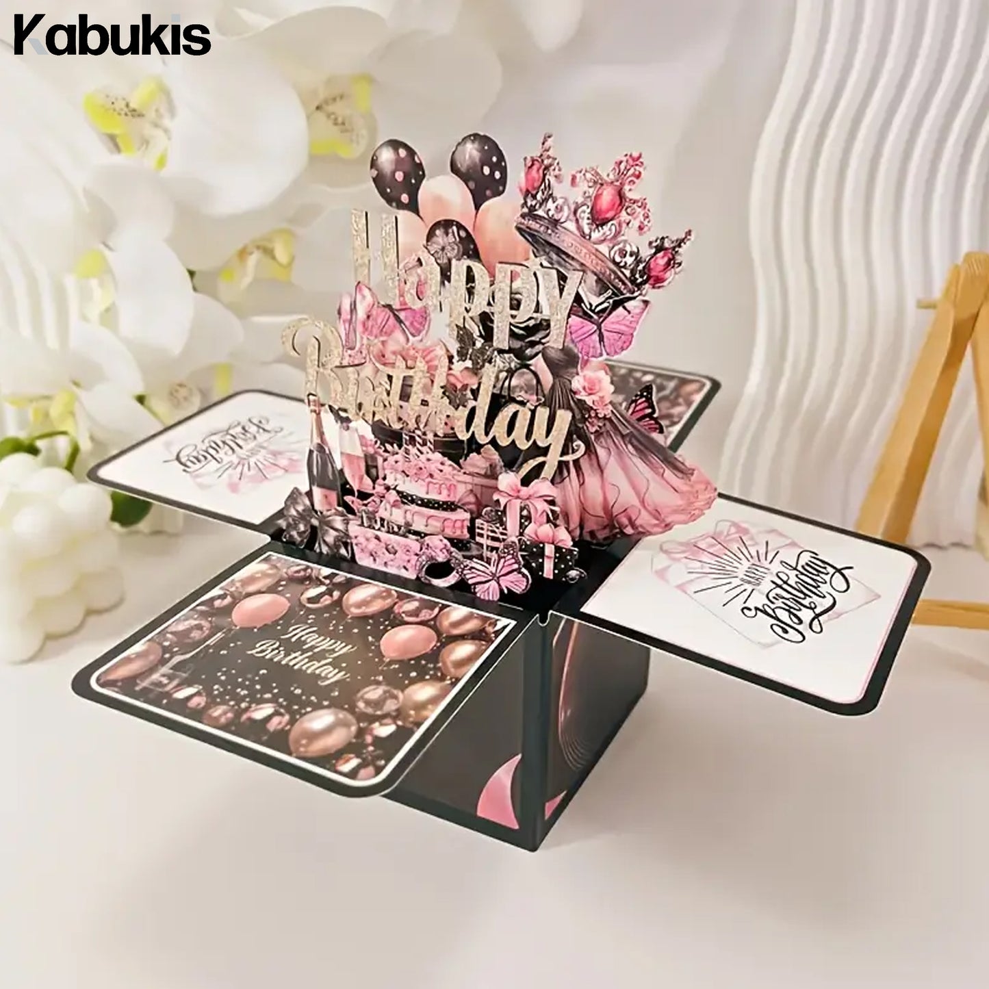 Black and Rose Gold 3D Pop-up Birthday Card Set-Elegant Surprise