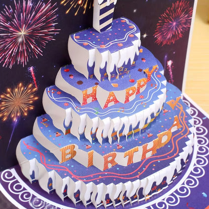 Kabukis 3D Pop-Up Happy Birthday Card – Stunning Cake & Fireworks Design