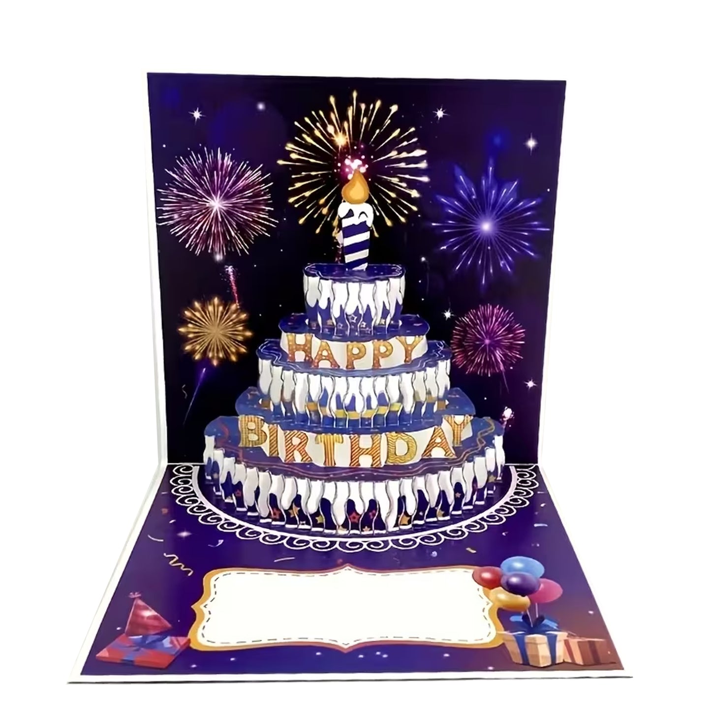 Kabukis 3D Pop-Up Happy Birthday Card – Stunning Cake & Fireworks Design
