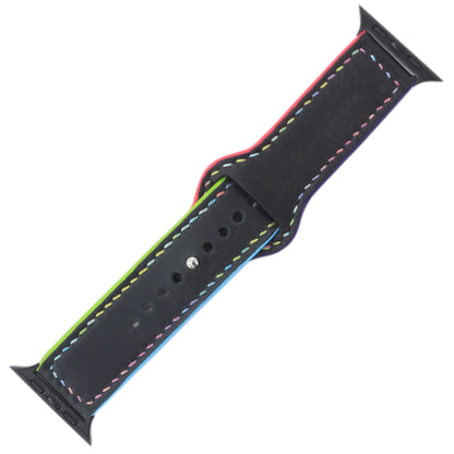 Multicolour-Stitched Black Leather Watch Strap compatible with Apple Watch (42/44/45/49mm) - Handmade to order