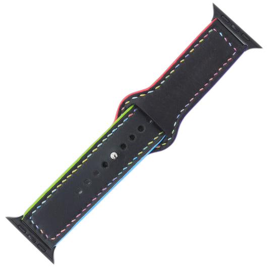 Multicolour-Stitched Black Leather Watch Strap compatible with Apple Watch (42/44/45/49mm) - Handmade to order