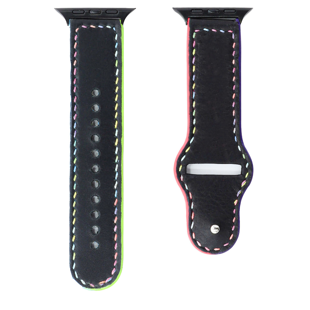 Multicolour-Stitched Black Leather Watch Strap compatible with Apple Watch (42/44/45/49mm) - Handmade to order