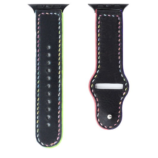 Multicolour-Stitched Black Leather Watch Strap compatible with Apple Watch (42/44/45/49mm) - Handmade to order