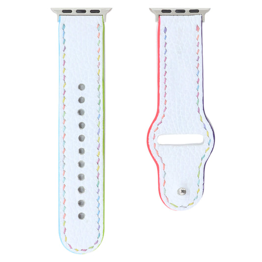 Multicolour-Stitched White Leather Watch Strap compatible with Apple Watch (42/44/45/49mm) - Handmade to order
