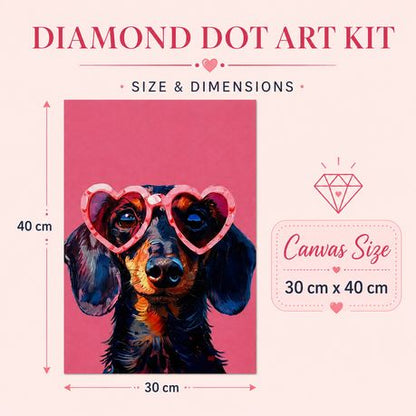 Kabukis 5D Diamond Dot Painting - Dachshund Dog Heart Glasses Kit 40x30cm
