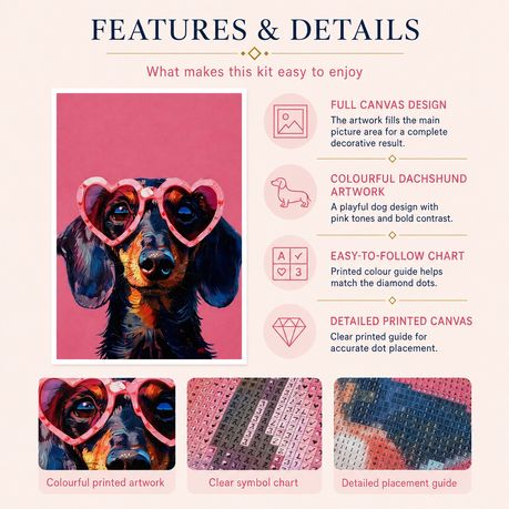 Kabukis 5D Diamond Dot Painting - Dachshund Dog Heart Glasses Kit 40x30cm
