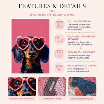 Kabukis 5D Diamond Dot Painting - Dachshund Dog Heart Glasses Kit 40x30cm