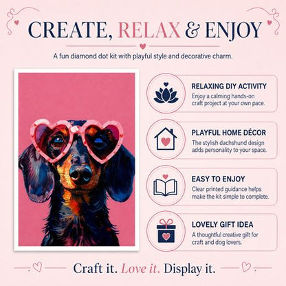 Kabukis 5D Diamond Dot Painting - Dachshund Dog Heart Glasses Kit 40x30cm