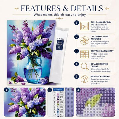 Kabukis 5D Diamond Dot Painting Vase Flower - Lilac Full Drill Kit 40x30cm