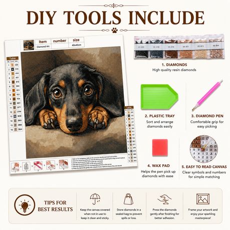 Kabukis Diamond Dot Painting Kit Soulful Dachshund Portrait 40x40cm - Cute