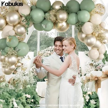 Kabukis 48 Pcs Sage Green, Golden & White Balloon Arch Kit - Easy Assembly