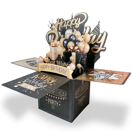 3D Pop-up Birthday Card Set - Elegant Black & Gold Card for Him or Her