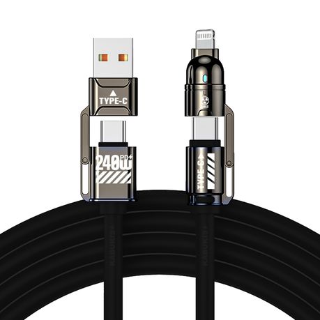 240W MAX 4in1 Fast Charger Cable - Powerful USB-C, Type-C & Lightning Black