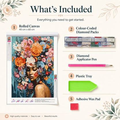 Kabukis 5D DIY Diamond Painting Floral Portrait 40x60cm - Breathtaking Kit